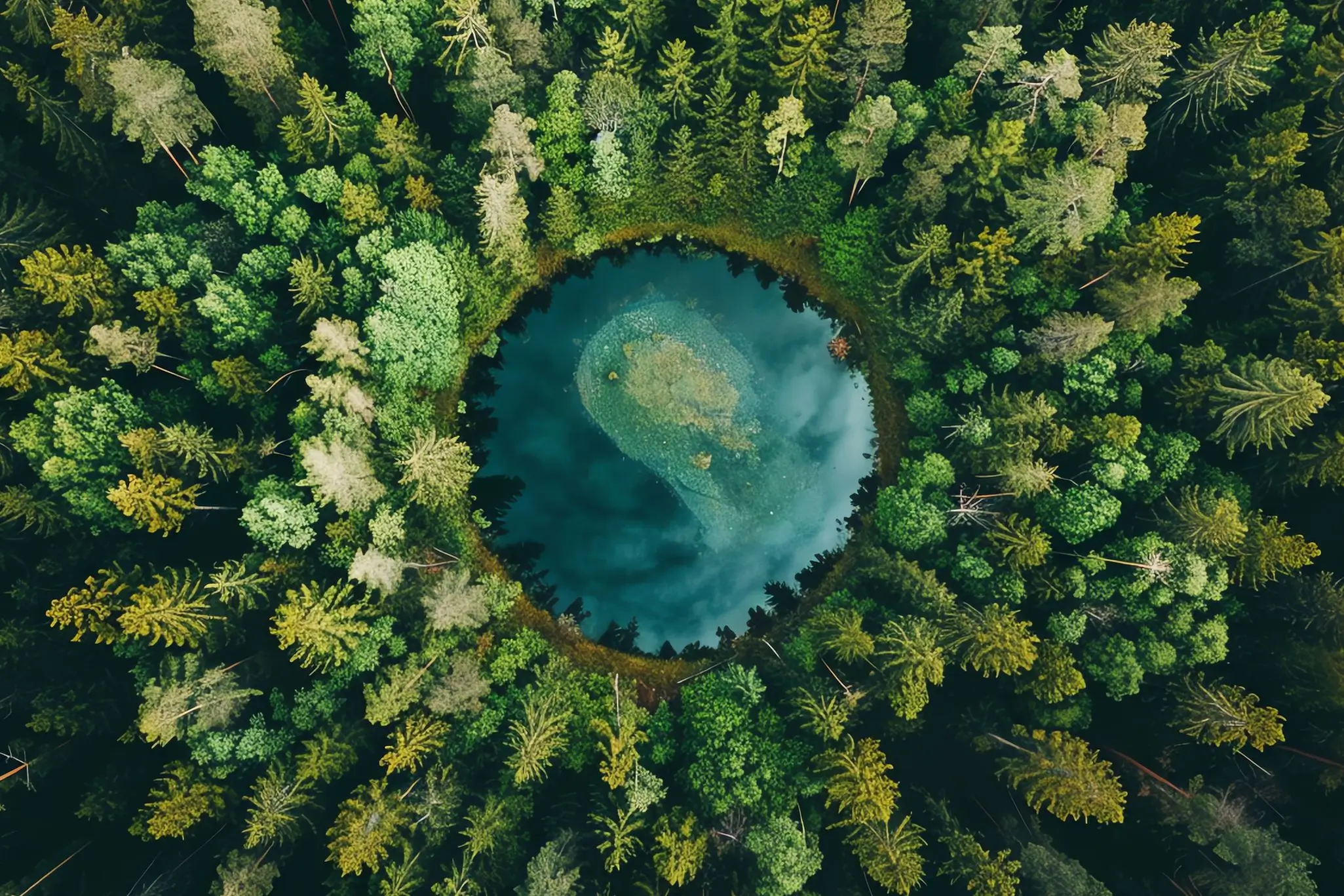 Luftaufnahme eines Sees inmitten eines Waldes, repraesentiert Nachhaltigkeit und Naturerhaltung.